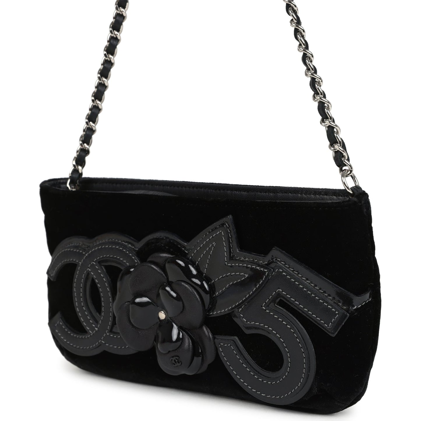Chanel Camelia Pochette Black Velvet Silver Hardware