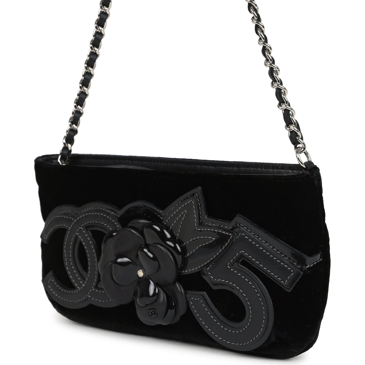 Chanel Camelia Pochette Black Velvet Silver Hardware