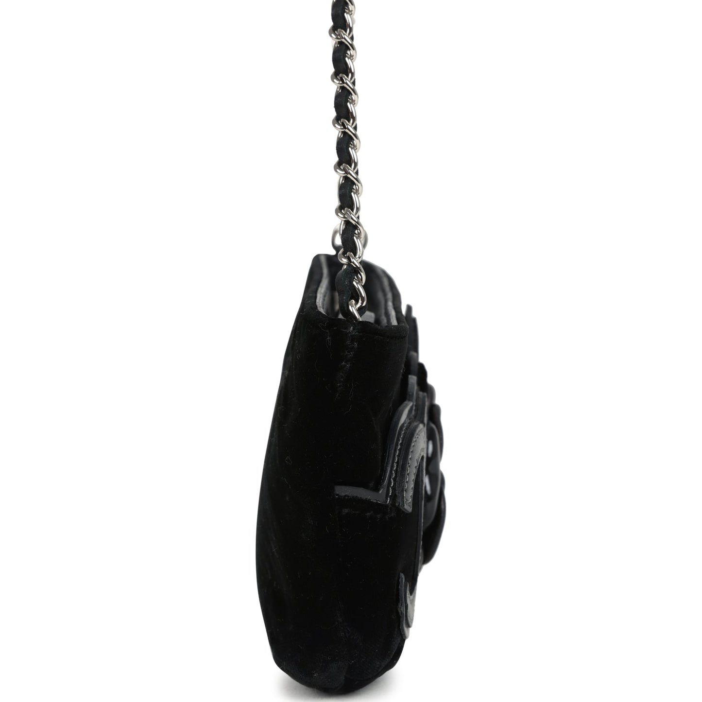 Chanel Camelia Pochette Black Velvet Silver Hardware
