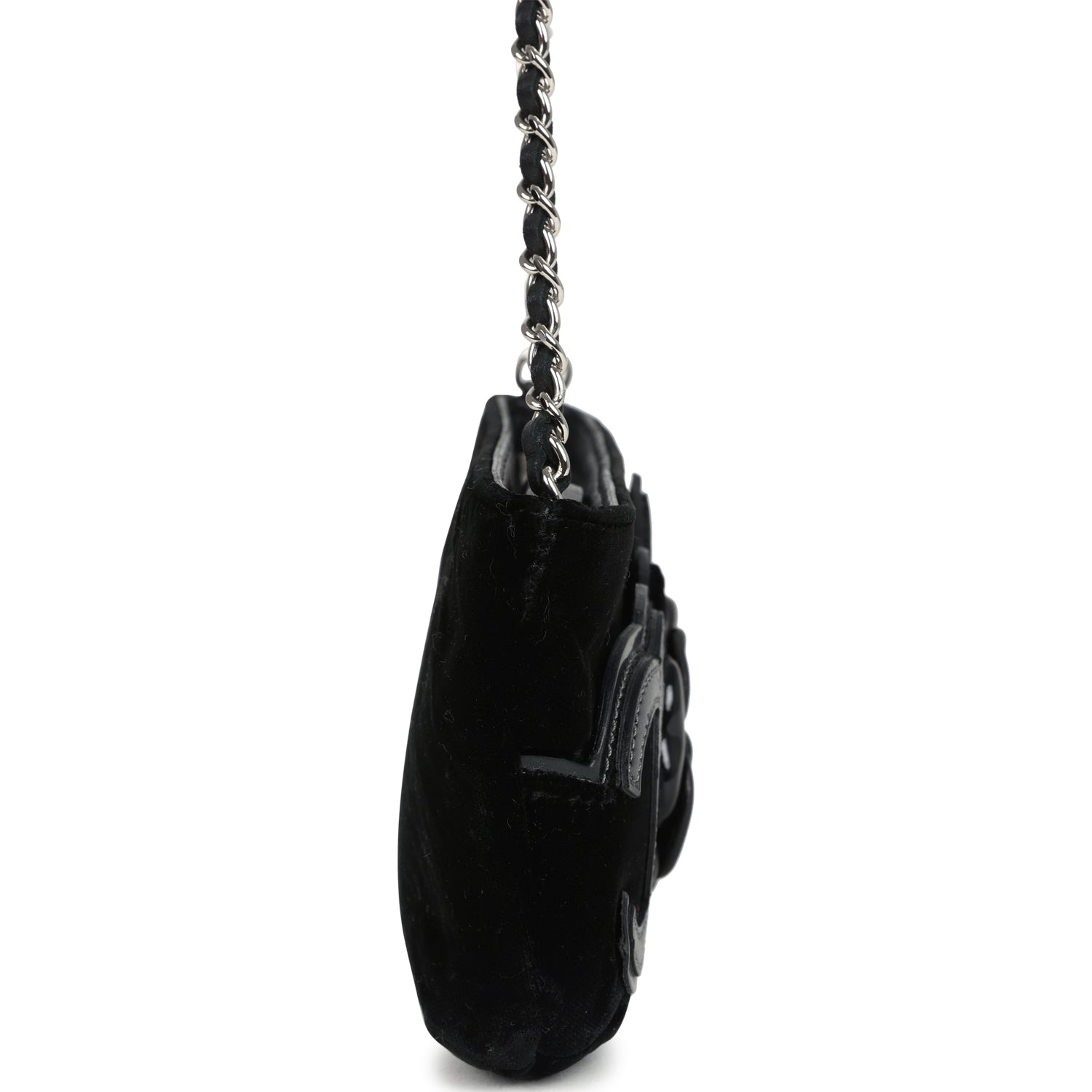 Chanel Camelia Pochette Black Velvet Silver Hardware