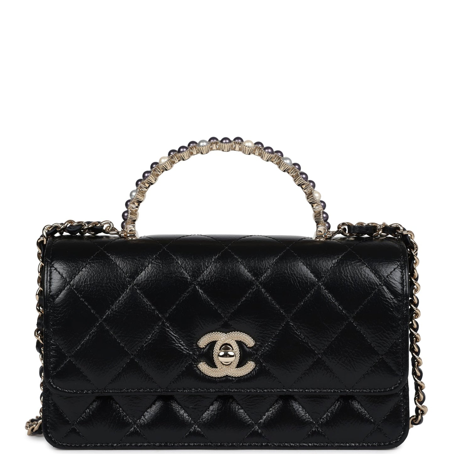 Chanel Pearl Top Handle Wallet on Chain WOC Black Shiny Aged Calfskin Light Gold Hardware Crossbody