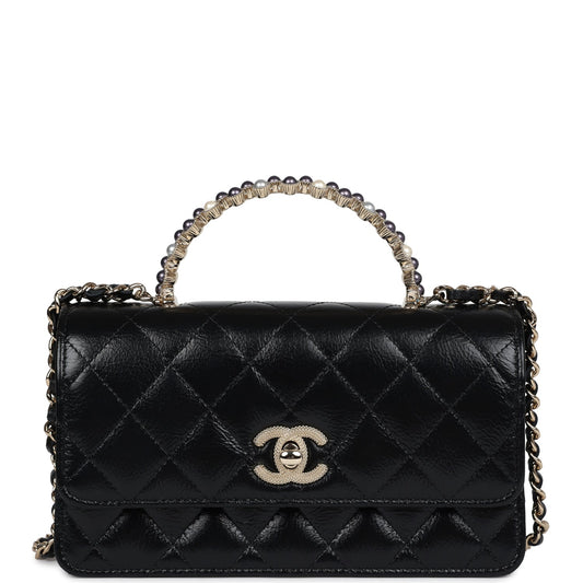 Chanel Pearl Top Handle Wallet on Chain WOC Black Shiny Aged Calfskin Light Gold Hardware Crossbody