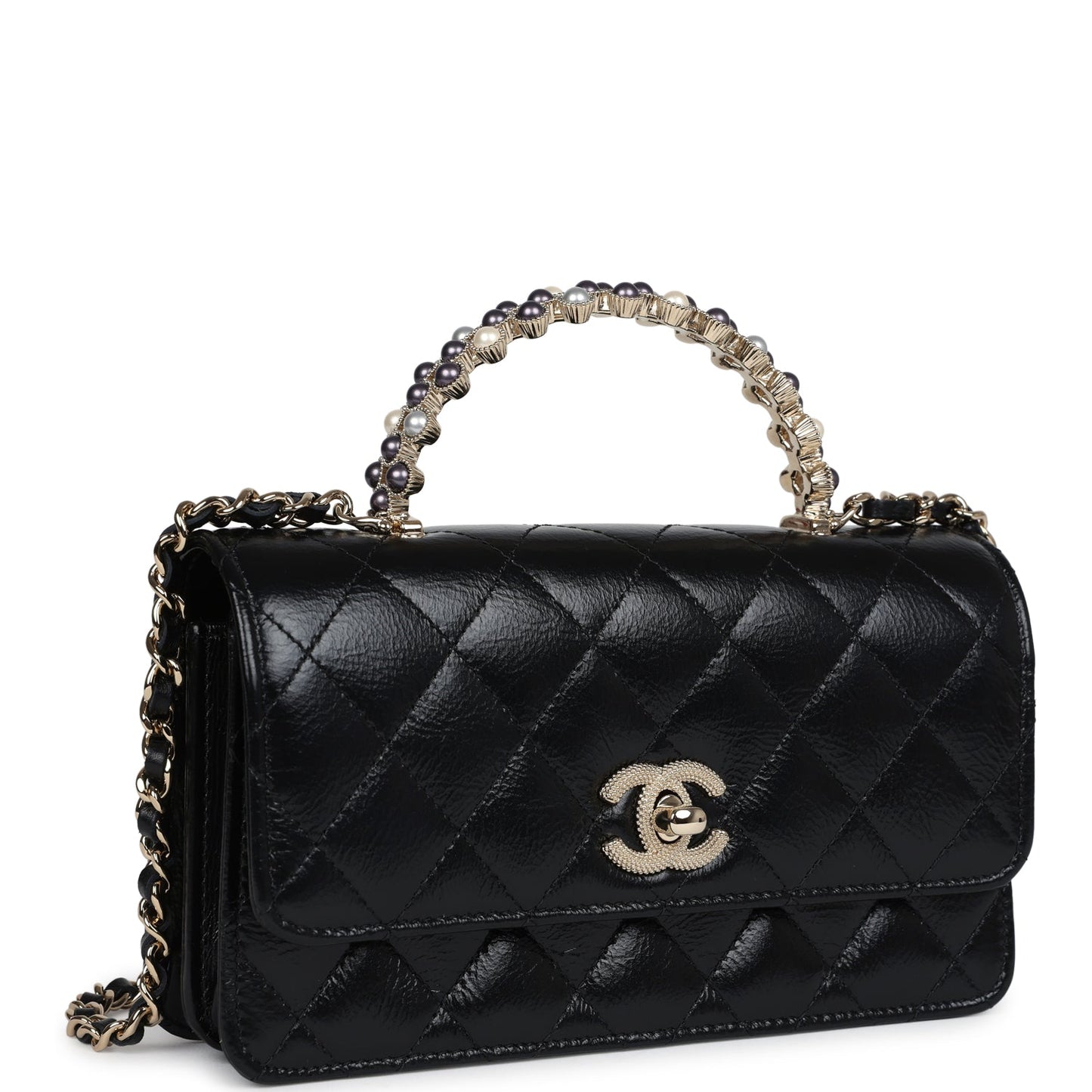 Chanel Pearl Top Handle Wallet on Chain WOC Black Shiny Aged Calfskin Light Gold Hardware Crossbody