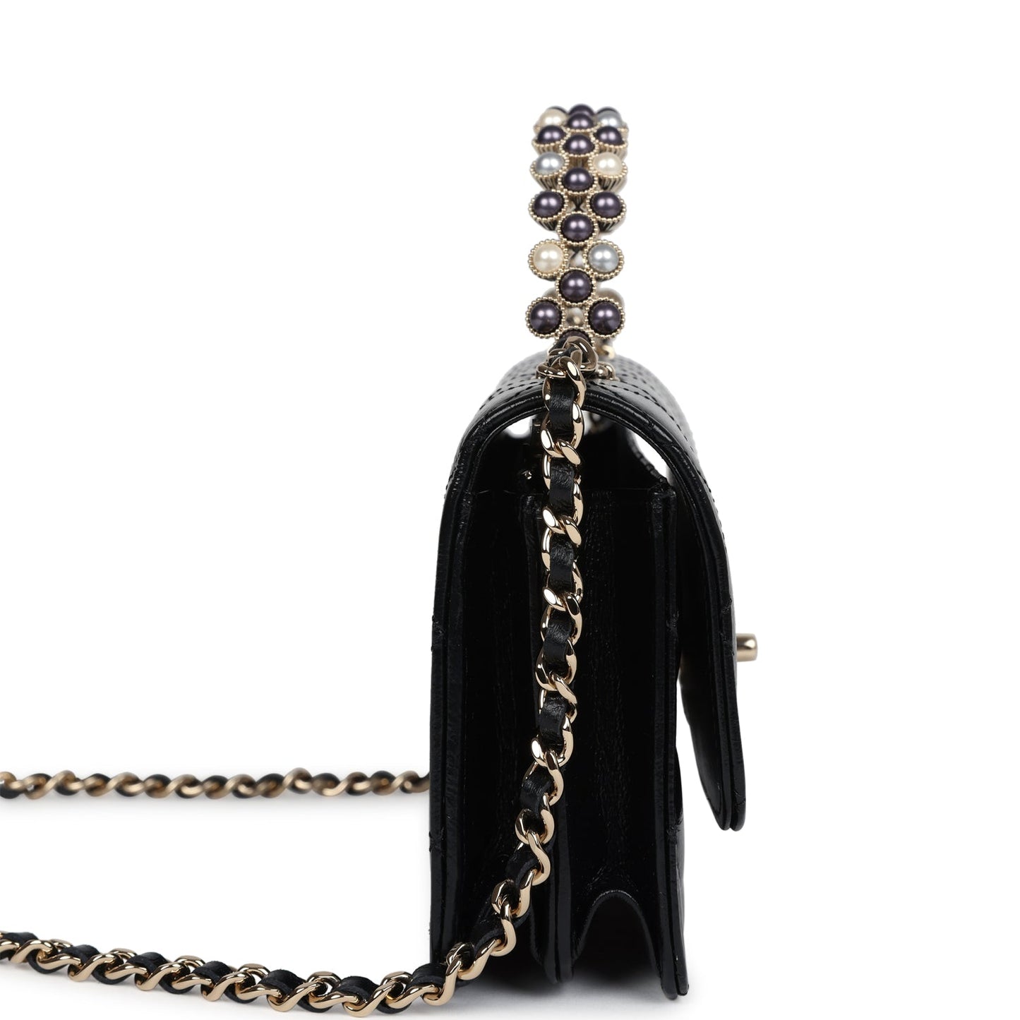 Chanel Pearl Top Handle Wallet on Chain WOC Black Shiny Aged Calfskin Light Gold Hardware Crossbody