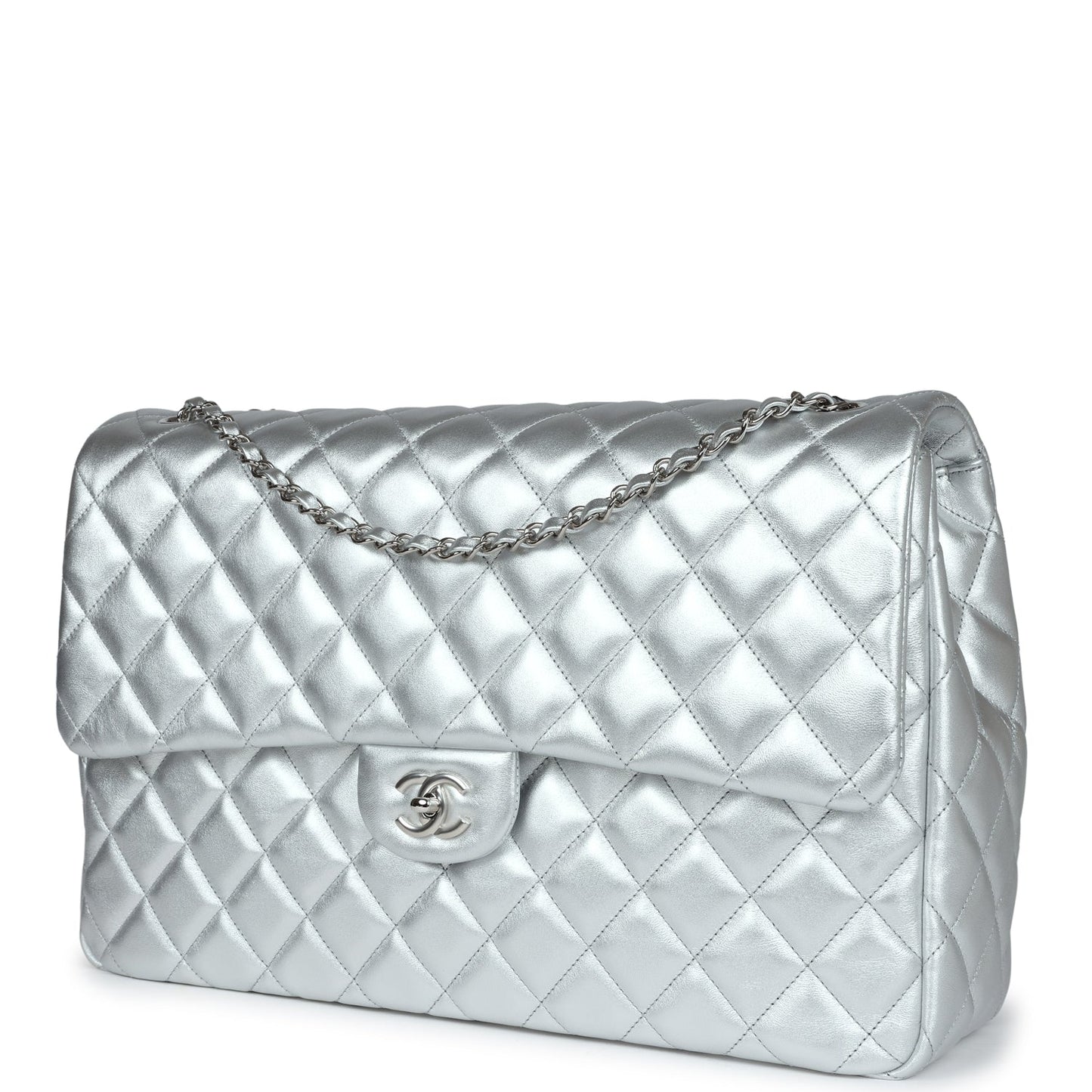 Chanel XXL Flap Bag Silver Metallic Lambskin Silver Hardware