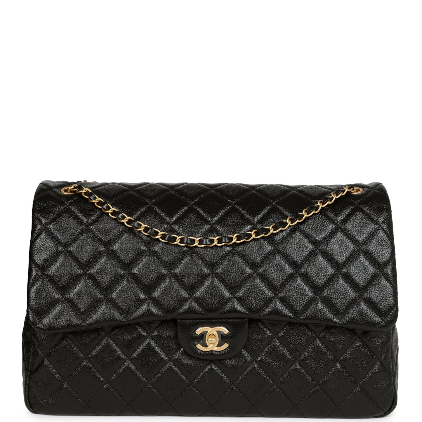 Chanel XXL Classic Single Flap Bag Black Shiny Aged Calfskin Brushed Gold Hardware