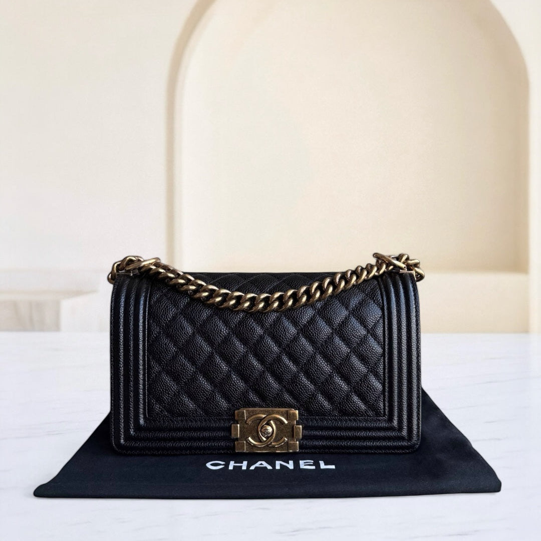 Chanel Boy Old Medium - Caivar Quilted Grained Calfskin Black Ruthenium Gold Hardware Series 19