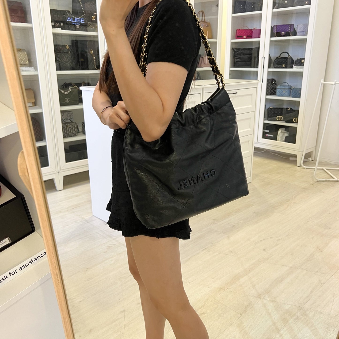 Chanel 22 Small Hobo Handbag in Black Shiny Caviar and AGHW (Model: AS3260)