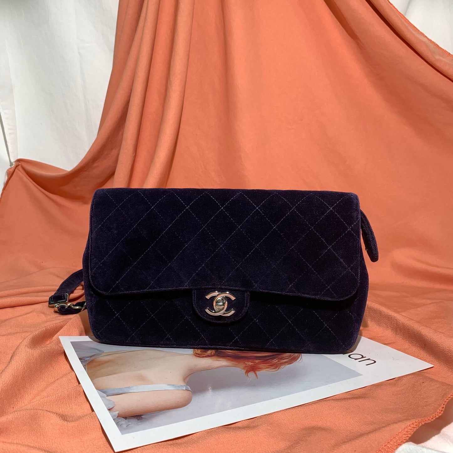 Chanel Navy Velvet Shoulder Flap Blackpack Silver HW, 1996