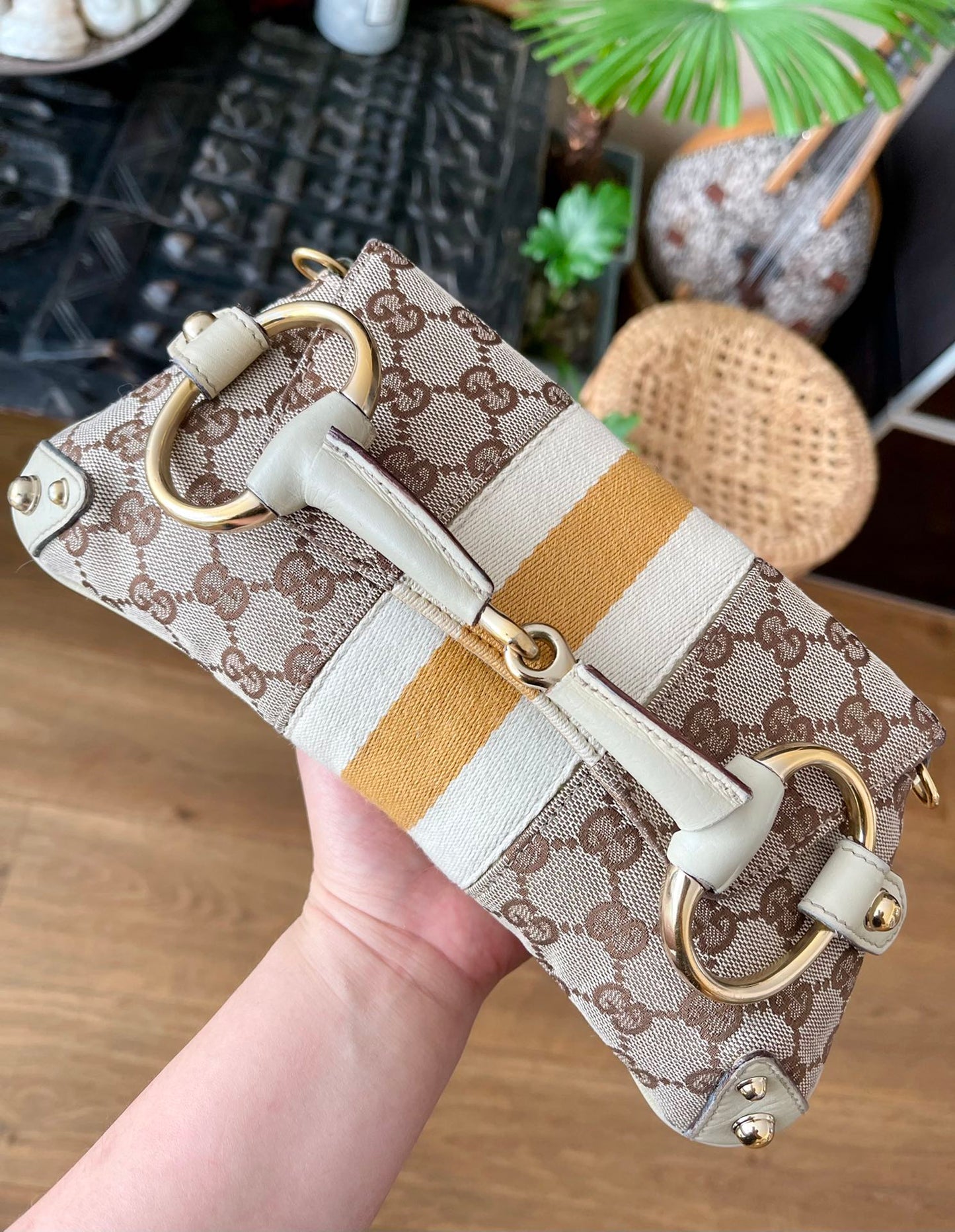 Gucci Horsebit 1955 Small Cloth Beige Monogram Yellow Web Shoulder bag