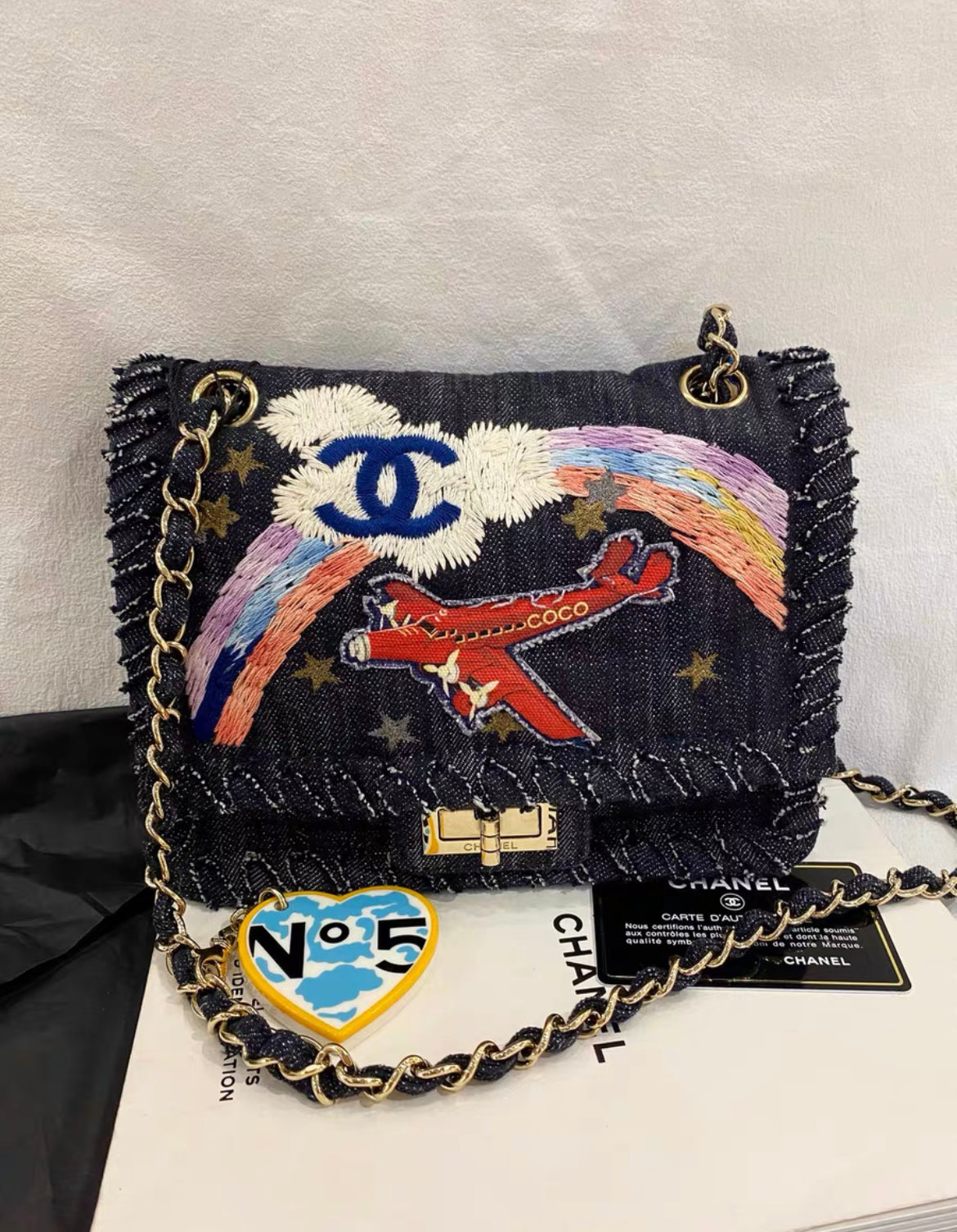 CHANEL 2006 NIGHT FLIGHT DENIM REISSUE AIRPLANE RAINBOW BAG 24K GHW