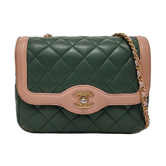 Chanel Mini Flap Green Lambskin Pink Edges Crossbody Bag