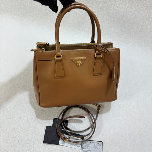 Prada Galleria Saffiano Leather Small Tan Brown Handbag with Strap 25cm