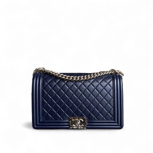 Chanel Boy New Medium - 28CM Quilted Lambskin Dark Blue Gold Hardware Series 22