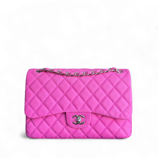Chanel Classic Flap Jumbo - Caviar 30CM Double Flap Quilted Pink Grained Calfskin Silver Hardware Series 18