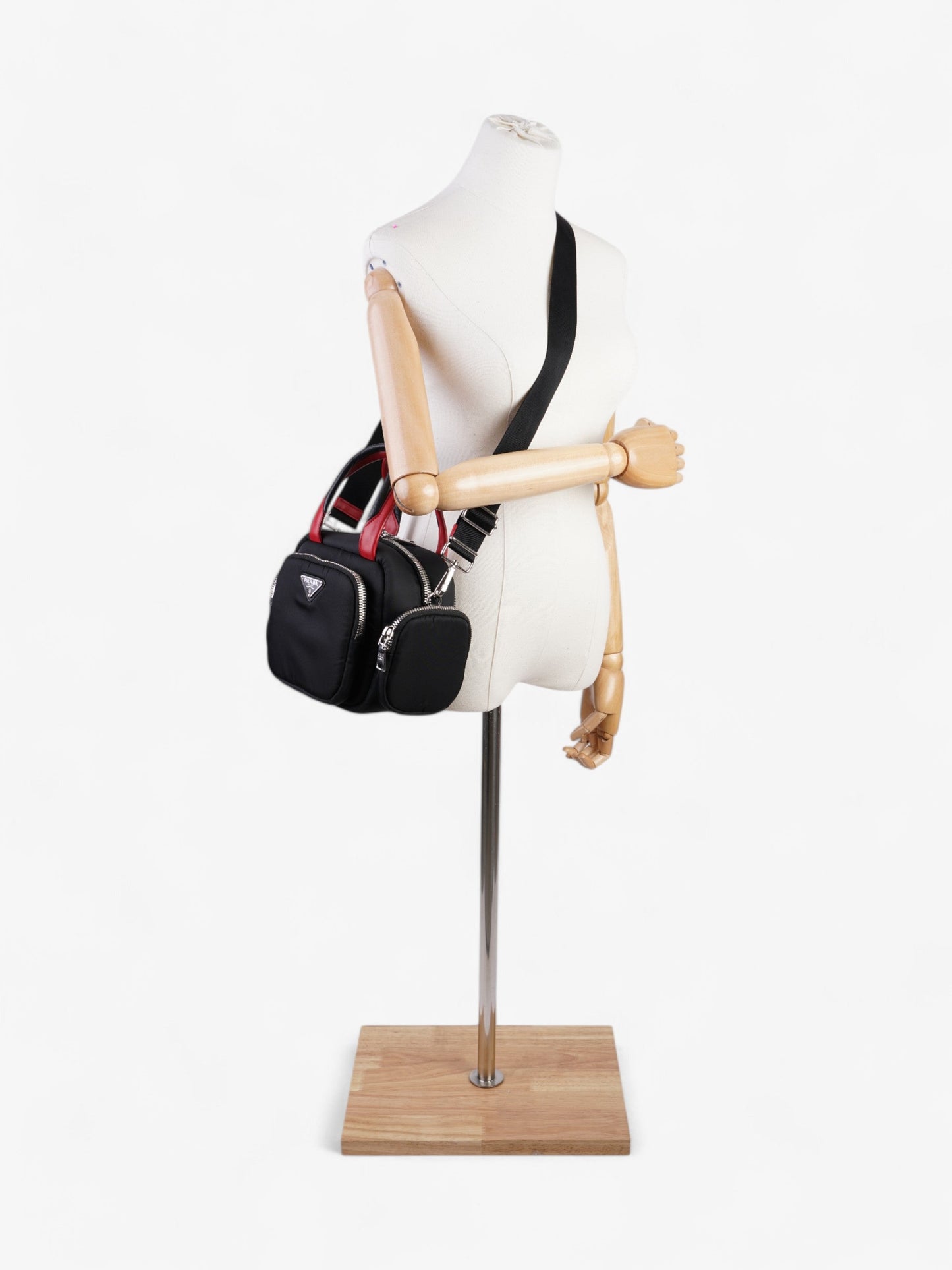 Prada Triangle Nylon Shoulder Bag Black / Red Nylon, Leather