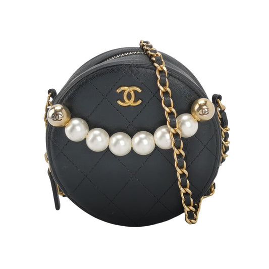 Chanel Round Black Lambskin Leather Crossbody Bag with Matelasse Chain and Pearls