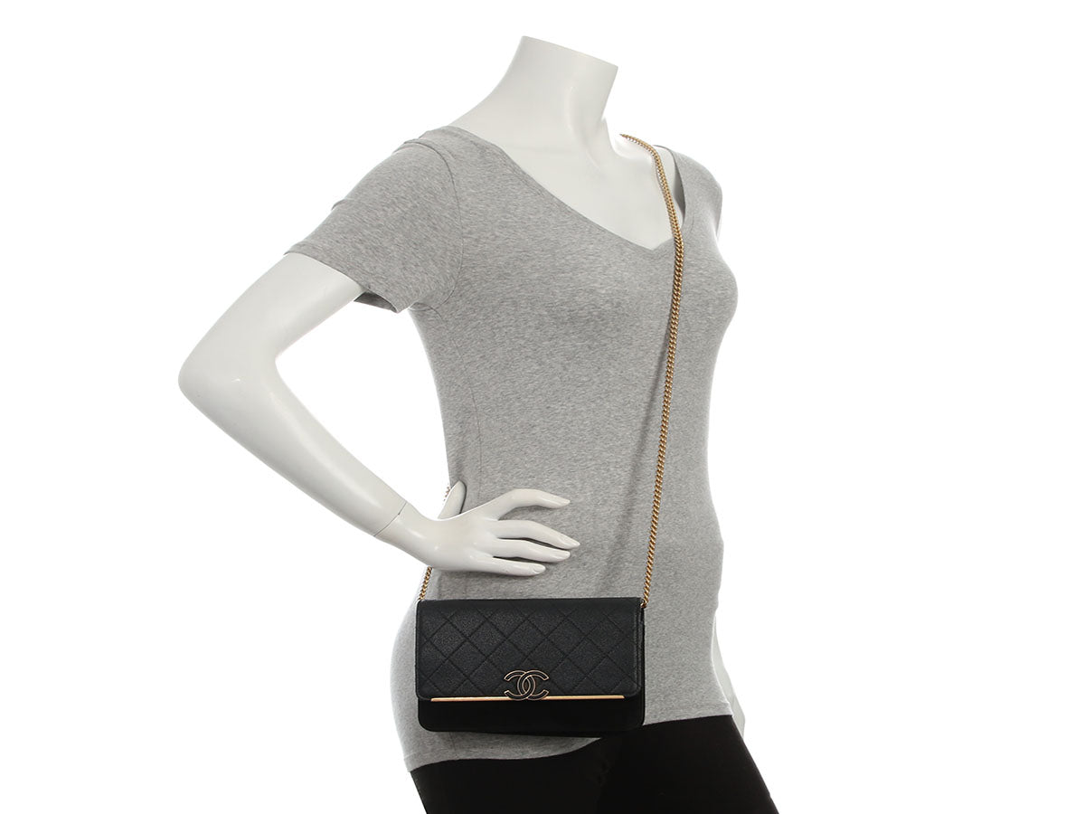 Chanel Black Quilted Caviar and Suede Leather Wallet on Chain WOC
