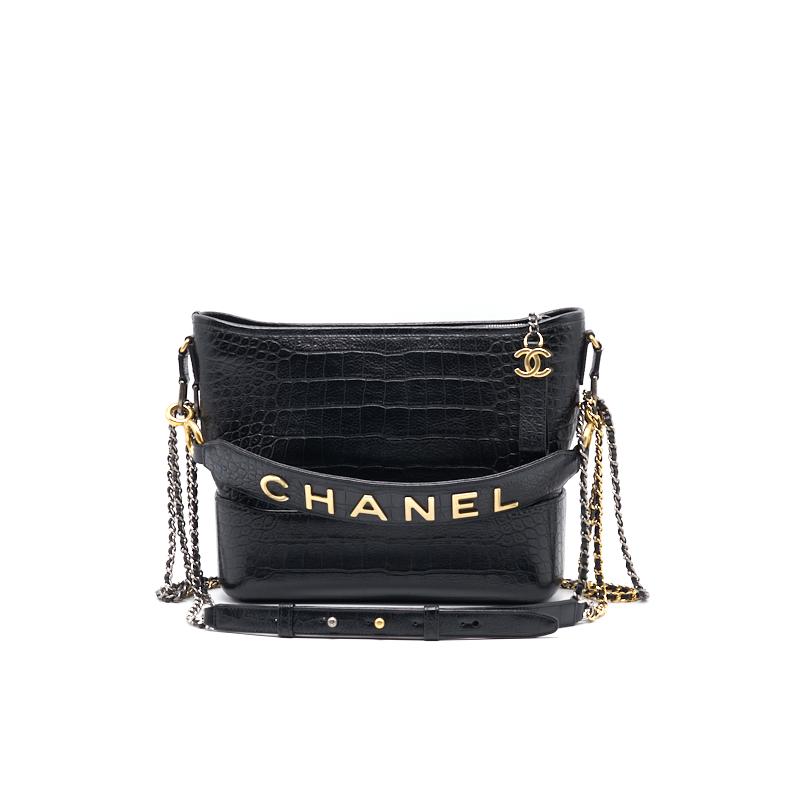Chanels Medium Gabrielle Hobo Bag Crocodile Embossed Calfskin Black