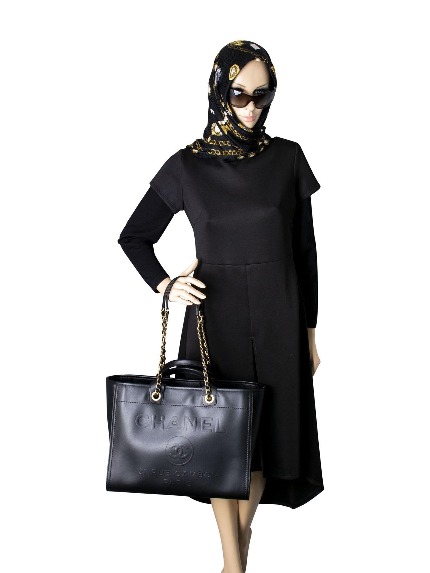 Chanel Calfskin Large Deauville Tote Black Gold