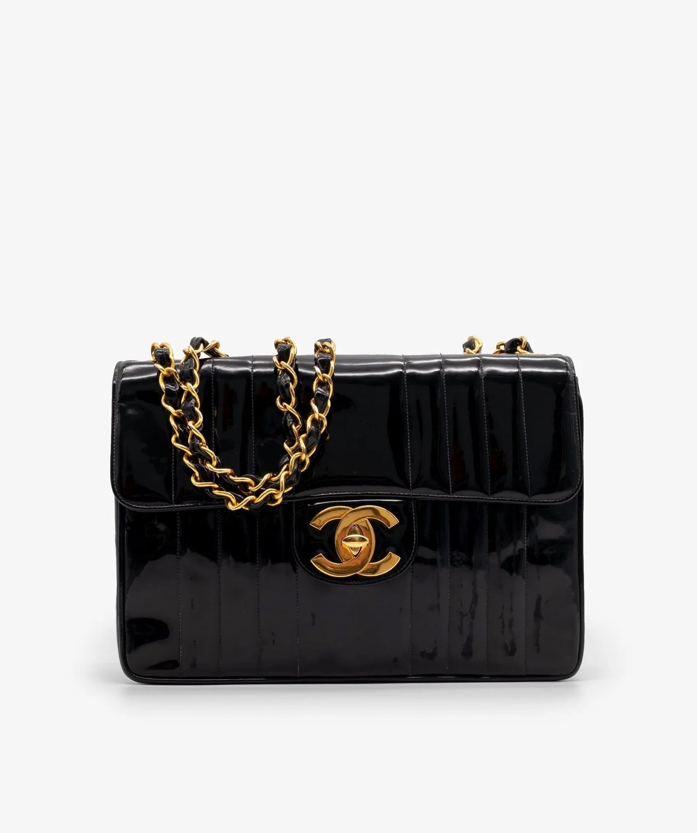 CHANEL JUMBO MADEMOISELLE VERTICAL QUILT PATENT LEATHER BAG