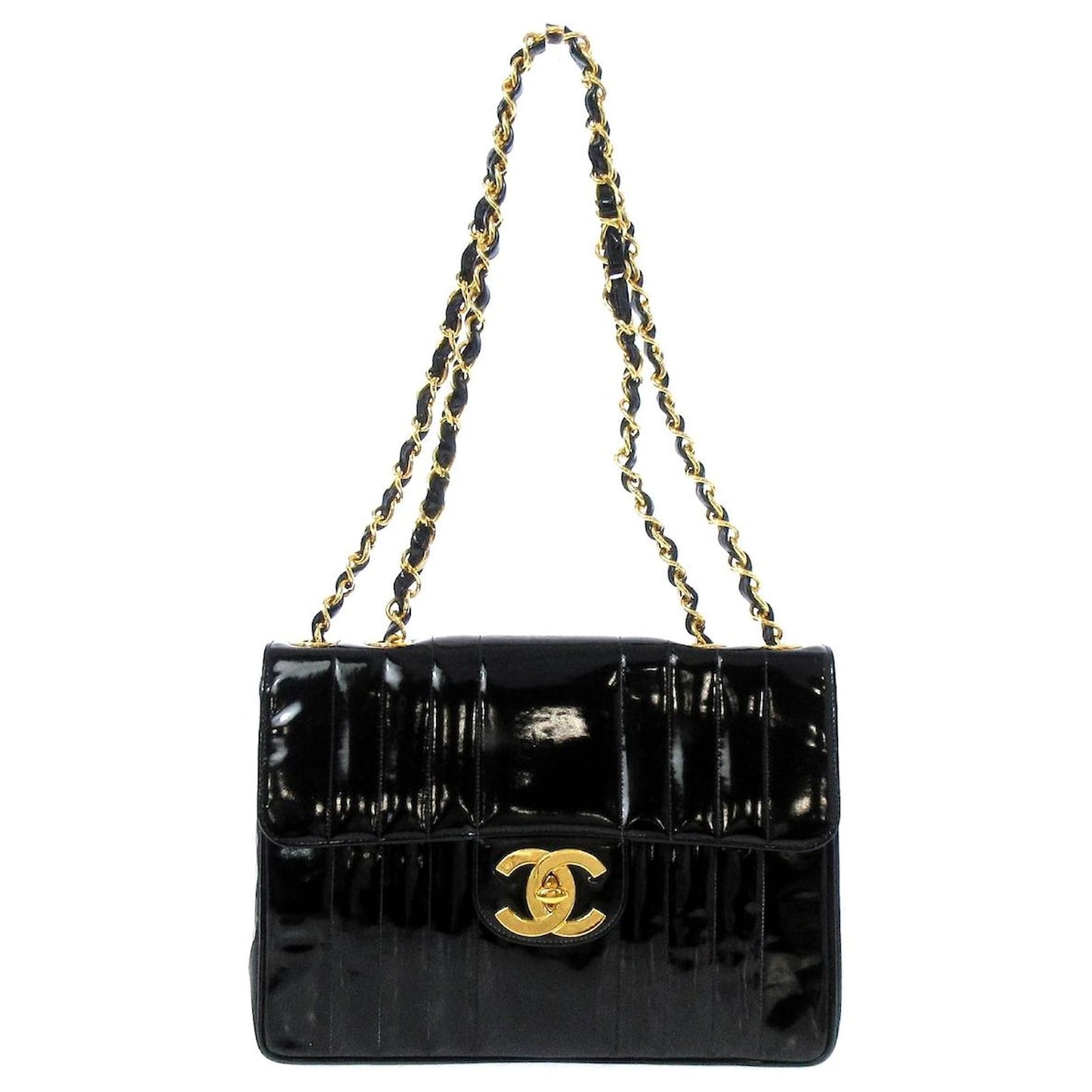 CHANEL JUMBO MADEMOISELLE VERTICAL QUILT PATENT LEATHER BAG