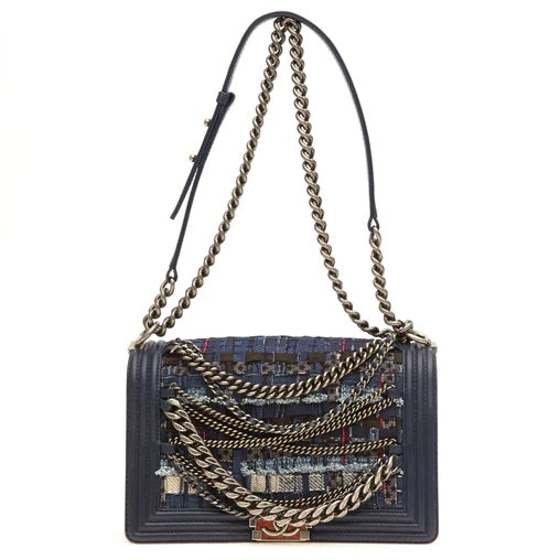CHANEL NAVY BOUCLE TWEED DECHAINED CHAIN BOY FLAP BAG