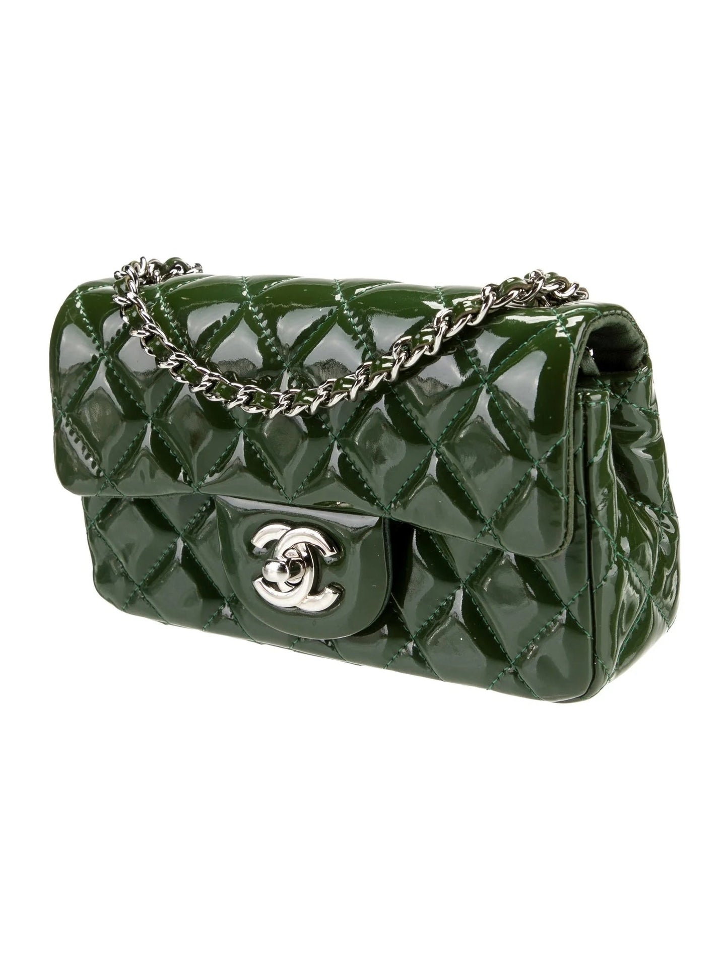 CHANEL PATENT CALFSKIN QUILTED MINI FLAP BAG IN EMERALD GREEN