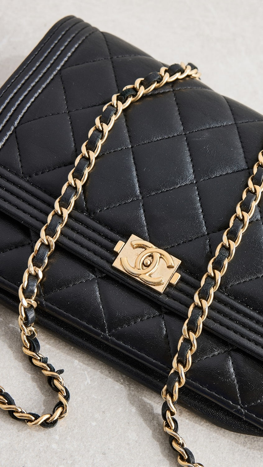 CHANEL QUILTED LAMBSKIN BOY WALLET ON CHAIN Crossbody