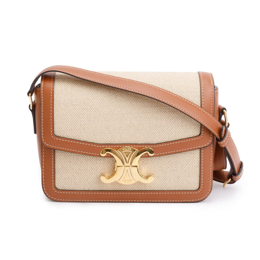 Celine 2023 Natural Canvas Tan Calfskin Leather Teen Triomphe Shoulder Bag
