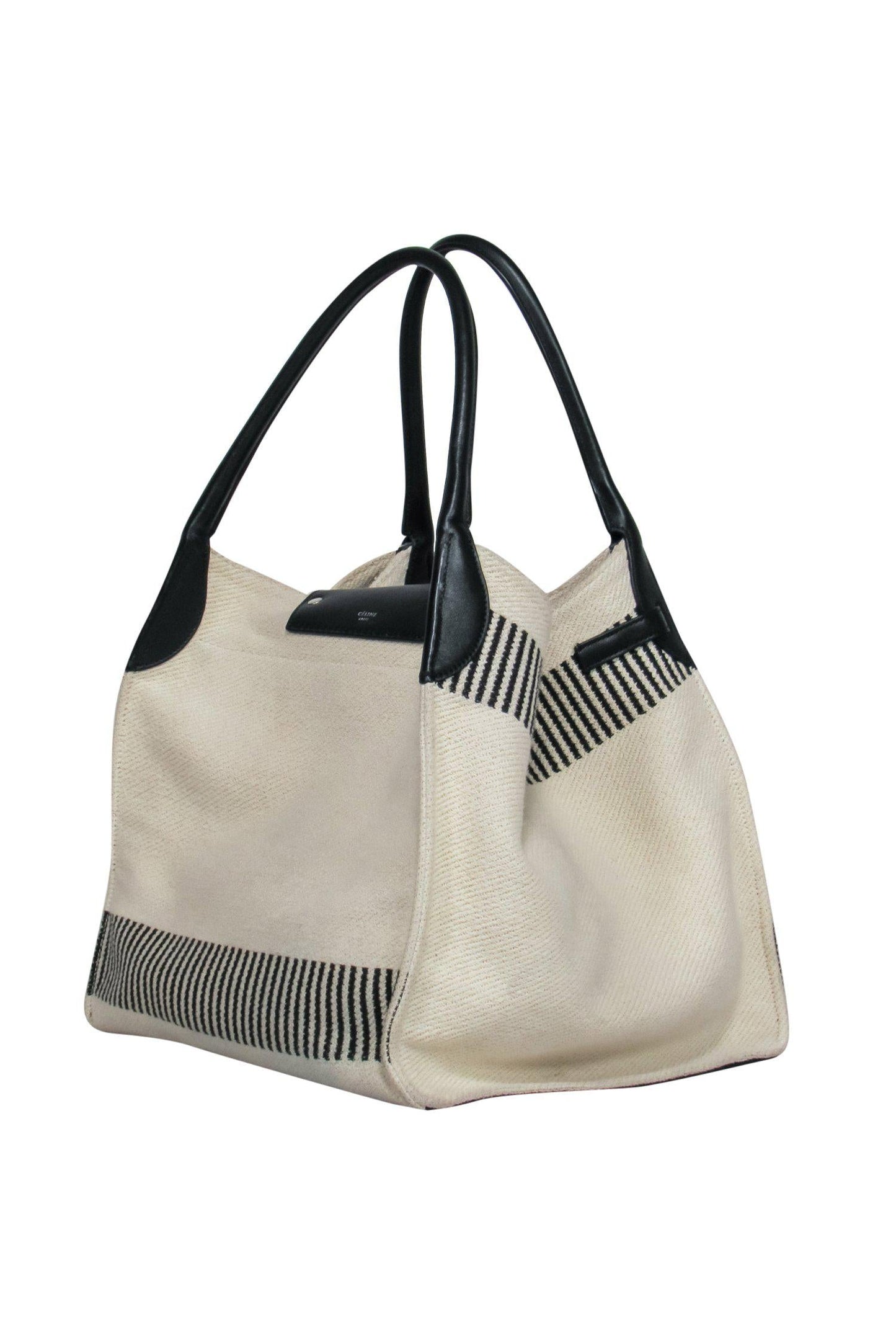 Luxury CELINE - Cream Knit Tote w/ Striped Trim