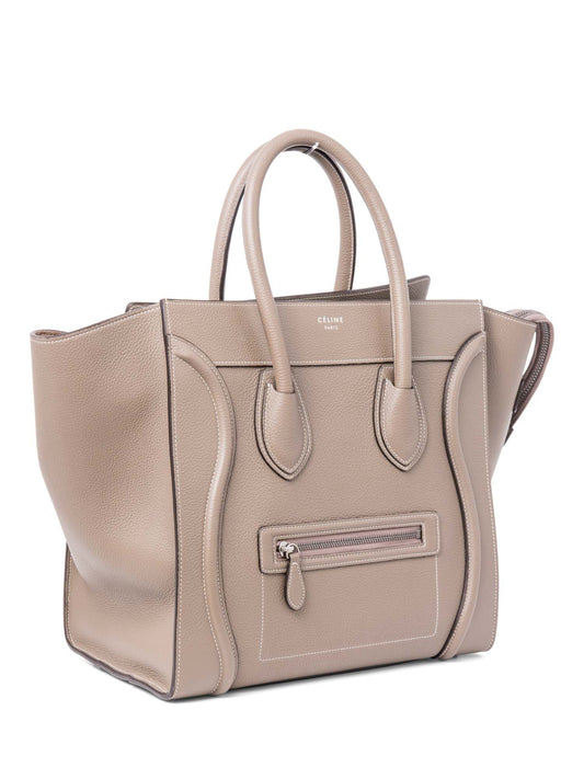 Luxury CELINE Logo Leather Mini Luggage Tote Bag Taupe