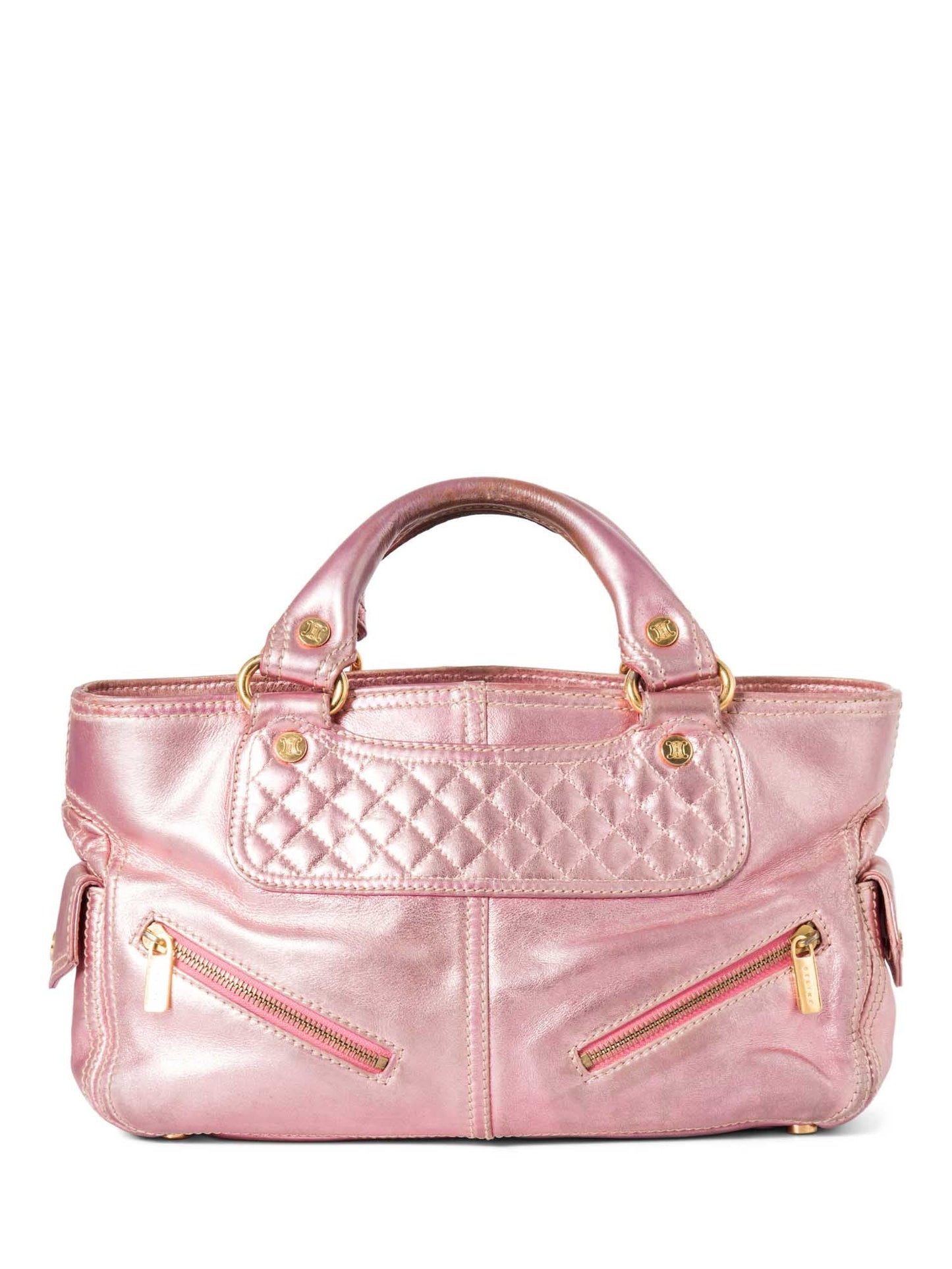 Luxury CELINE Logo Shimmer Leather Boogie Bag Pink Gold