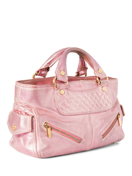 Luxury CELINE Logo Shimmer Leather Boogie Bag Pink Gold