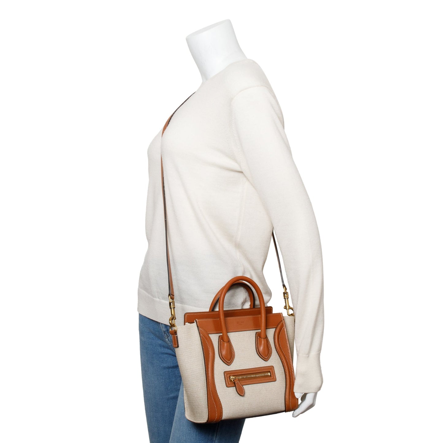 Celine Neutral Canvas Brown Calfskin Leather Nano Luggage Tote