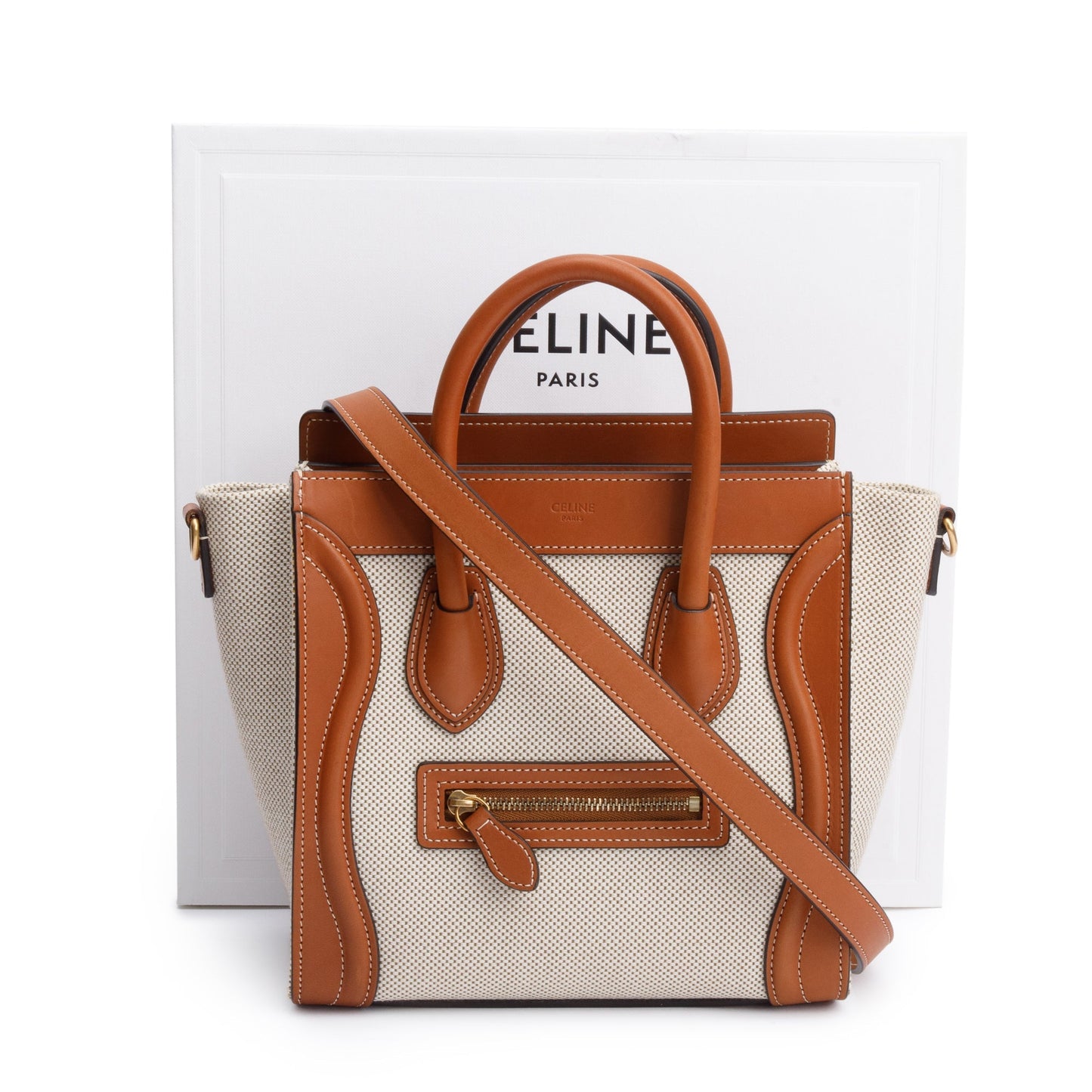 Celine Neutral Canvas Brown Calfskin Leather Nano Luggage Tote