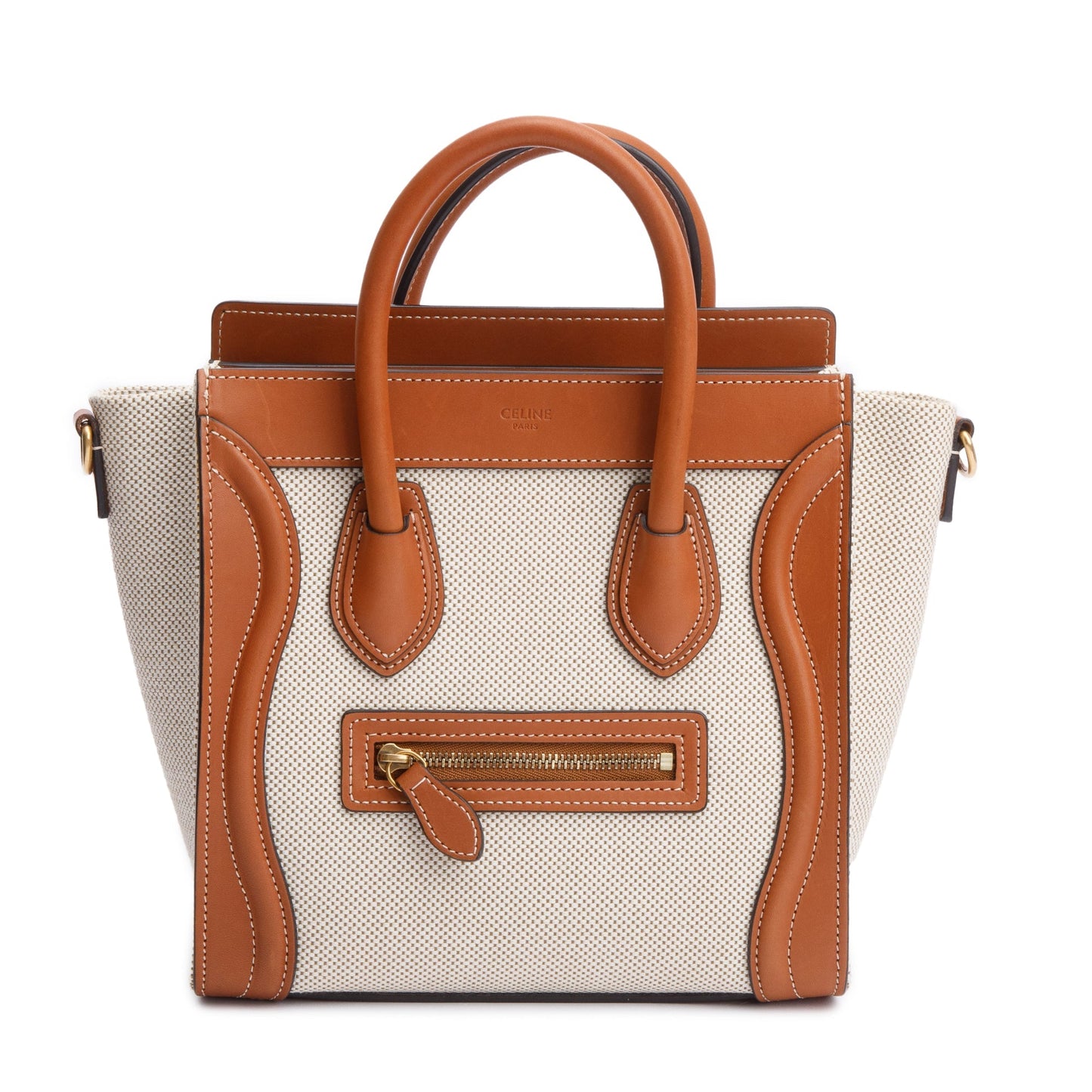 Celine Neutral Canvas Brown Calfskin Leather Nano Luggage Tote