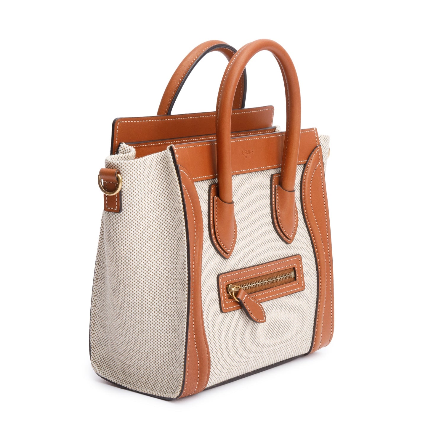 Celine Neutral Canvas Brown Calfskin Leather Nano Luggage Tote