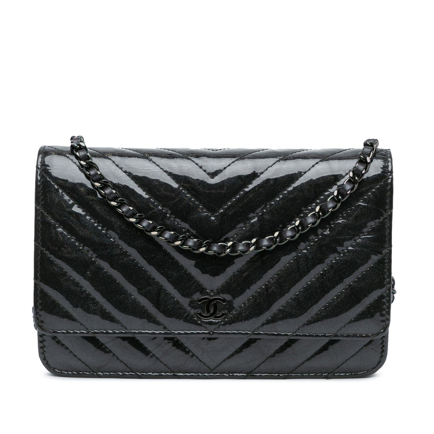 Chanel CC Chevron Quilted Crumpled Calfskin Wallet On Chain (SHG-Ad87DZ) Crossbody