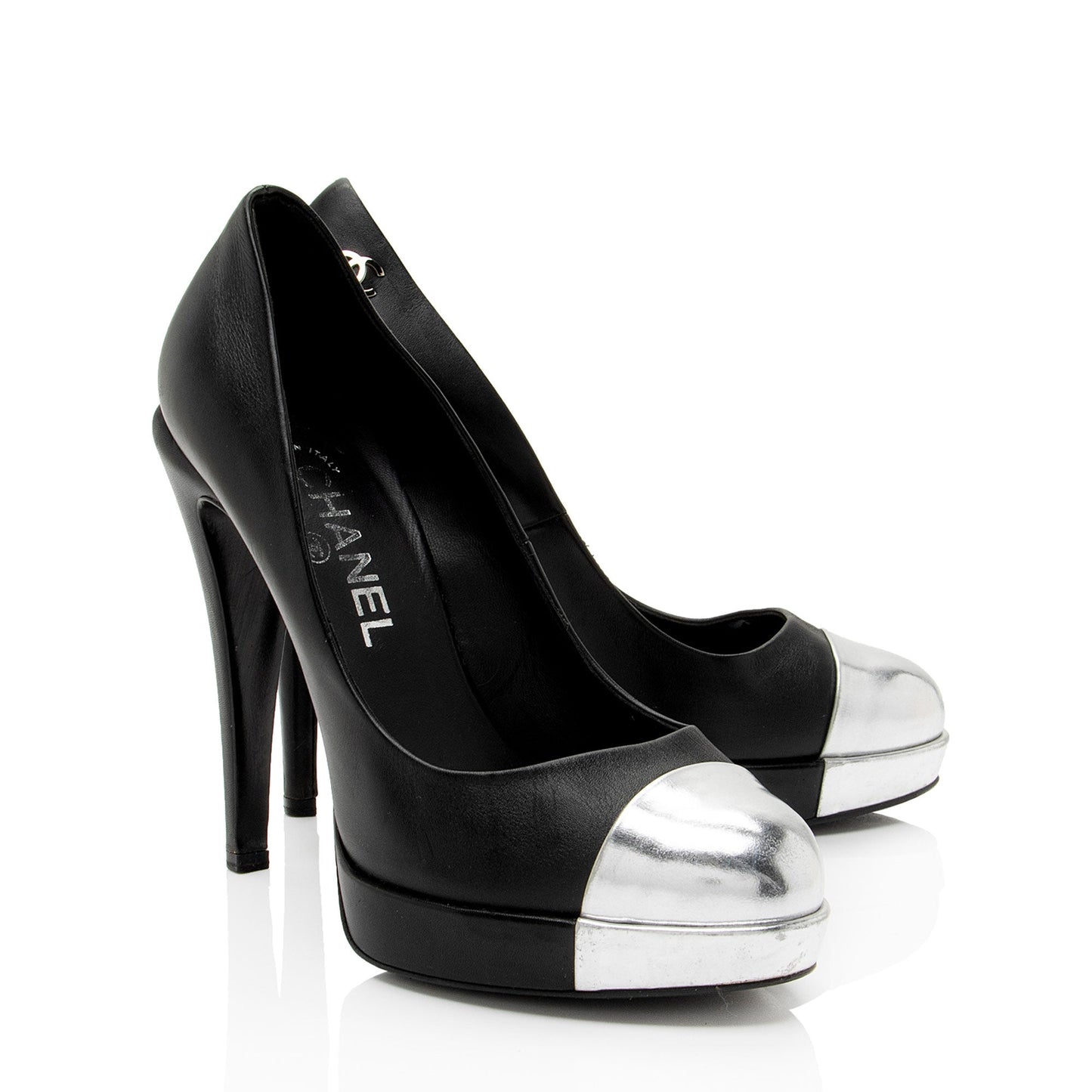 Chanel Calfskin CC Metallic Cap Toe Platform Pumps - Size 8 / 38 (SHF-v5Mlv1) Handbag