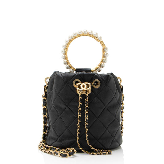 Chanel Lambskin Pearl Crown Drawstring Bucket Bag