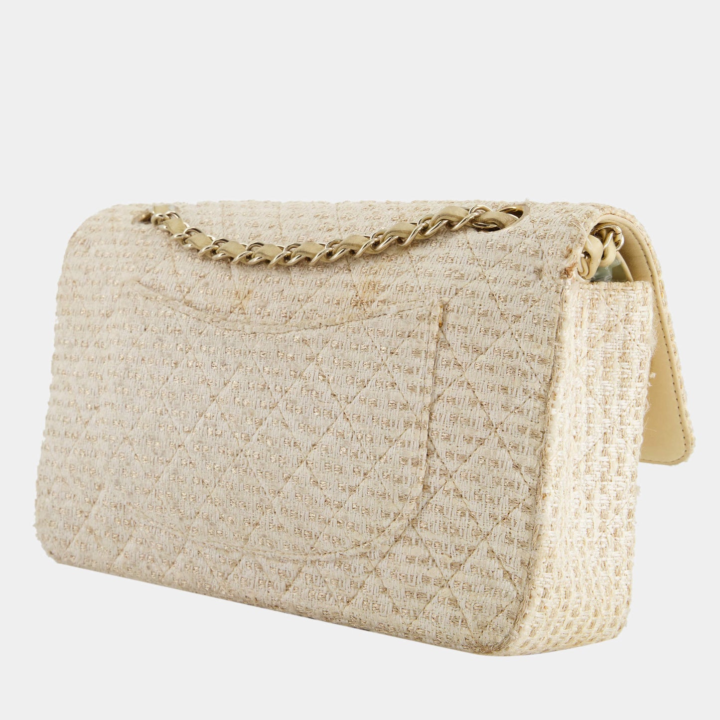 CHANEL CLASSIC DOUBLE FLAP TWEED IVORY GOLD CHAMPAGNE GOLD HARDWARE-HS Shoulder Bag