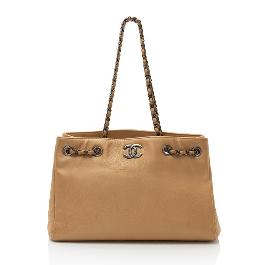 Chanel Metallic Caviar Leather Chain Large Shopping Tote