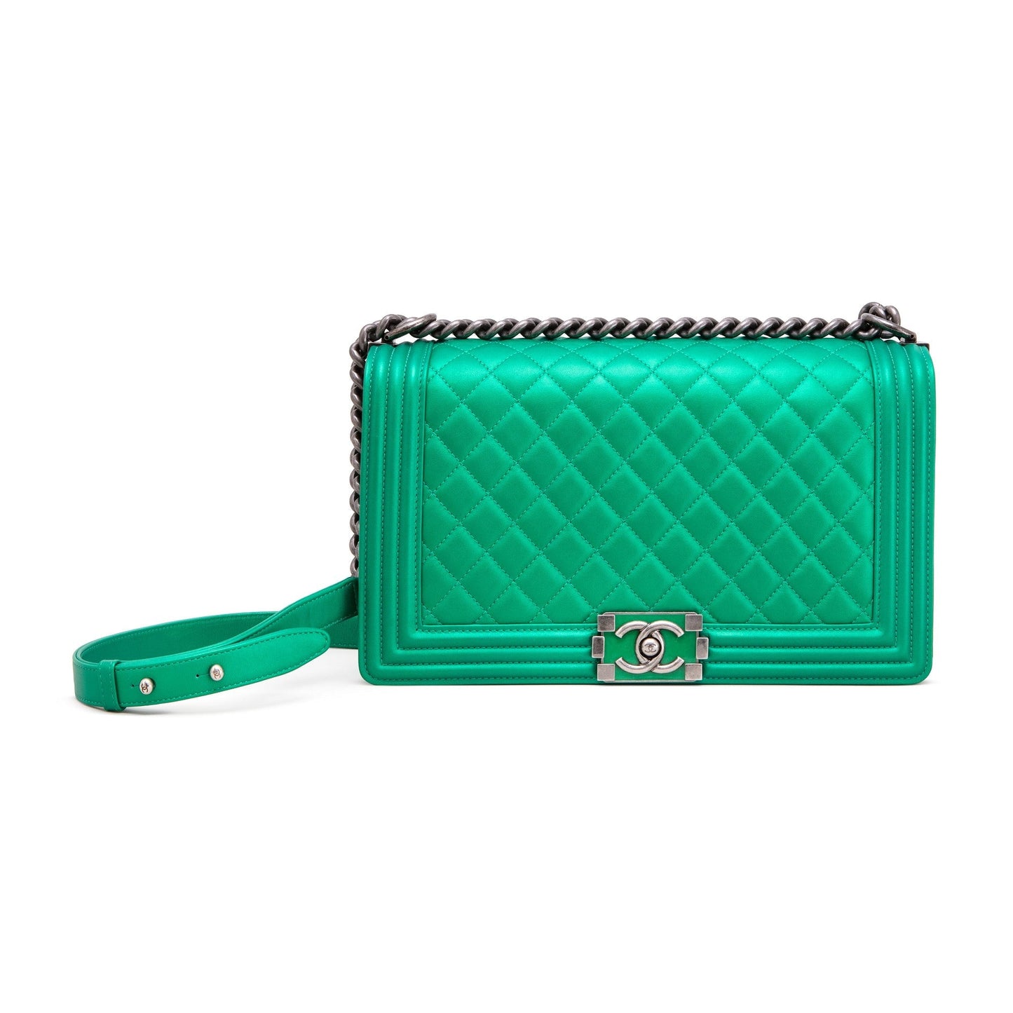 CHANEL BOY RARE MEDIUM METALLIC CALFSKIN NEON BRIGHT GREEN BAG