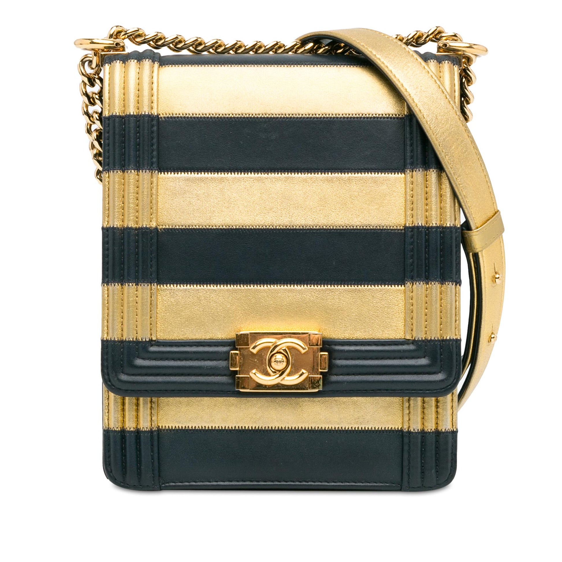 Chanel Metallic Lambskin Striped North South Boy Flap (SHG-gdf9Ua) Crossbody