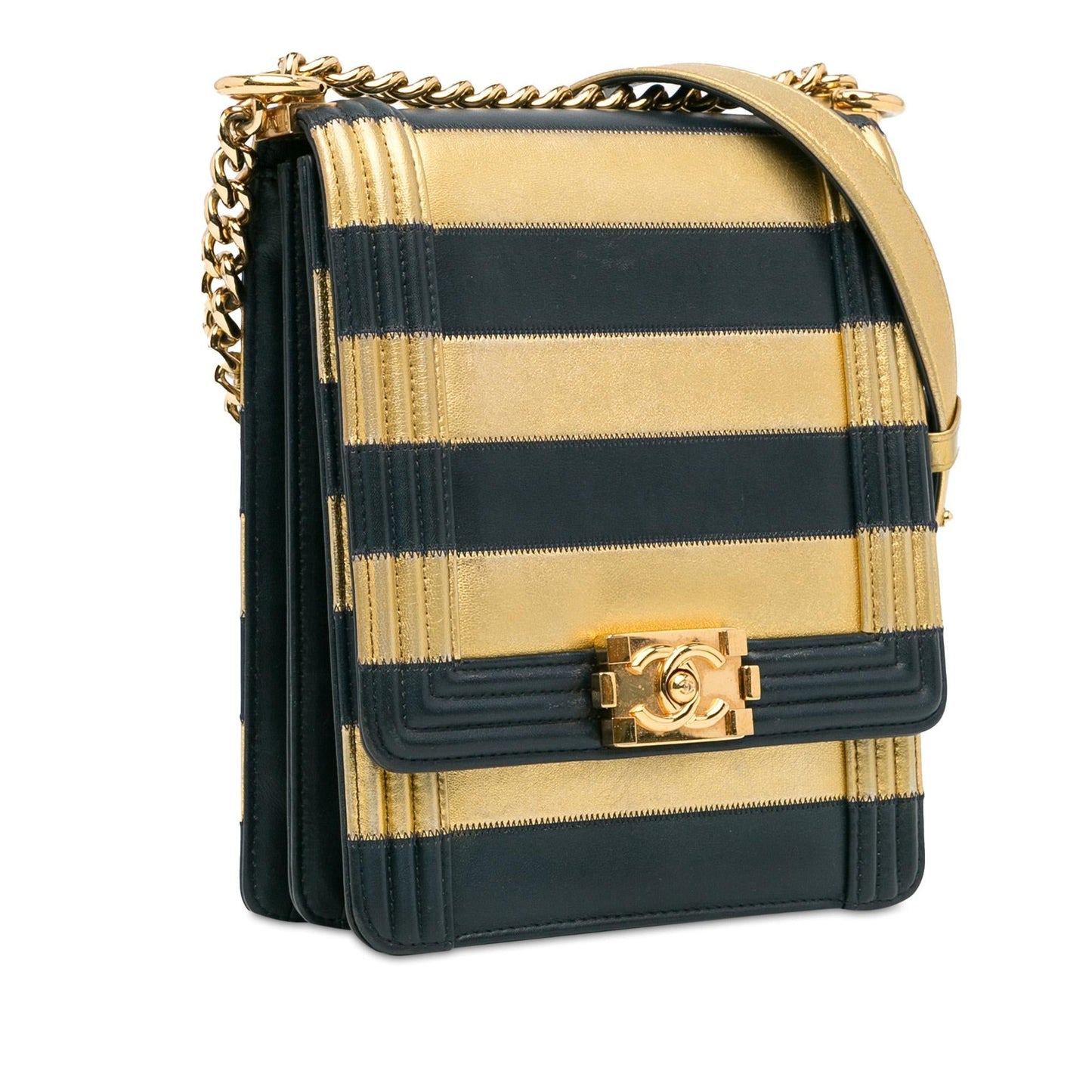 Chanel Metallic Lambskin Striped North South Boy Flap (SHG-gdf9Ua) Crossbody