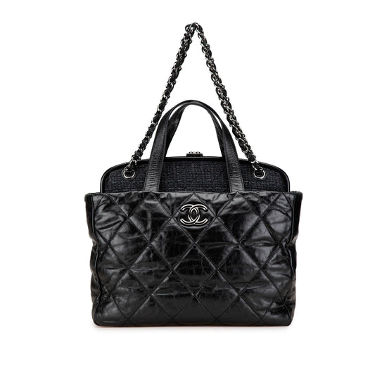 Chanel Quilted Glazed Calfskin and Tweed Portobello Frame Satchel Handbag