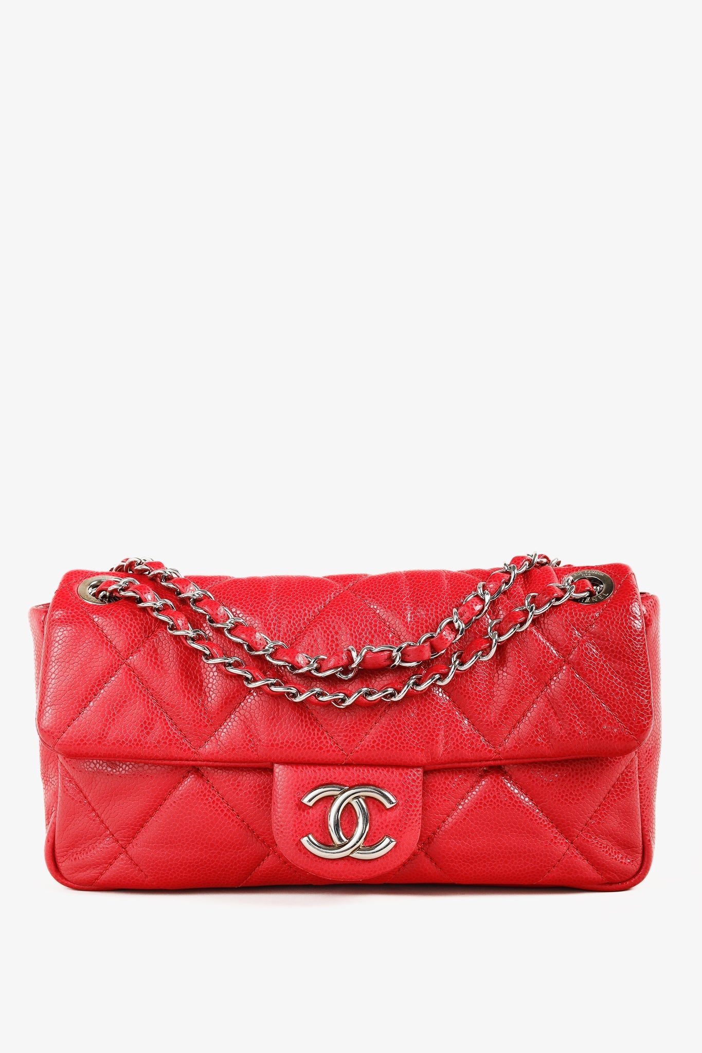 Chanel Red Quilted Glazed Caviar Leather Silver Tone CC Logo Flap Handbag