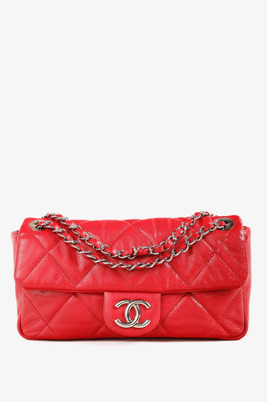 Chanel Red Quilted Glazed Caviar Leather Silver Tone CC Logo Flap Handbag