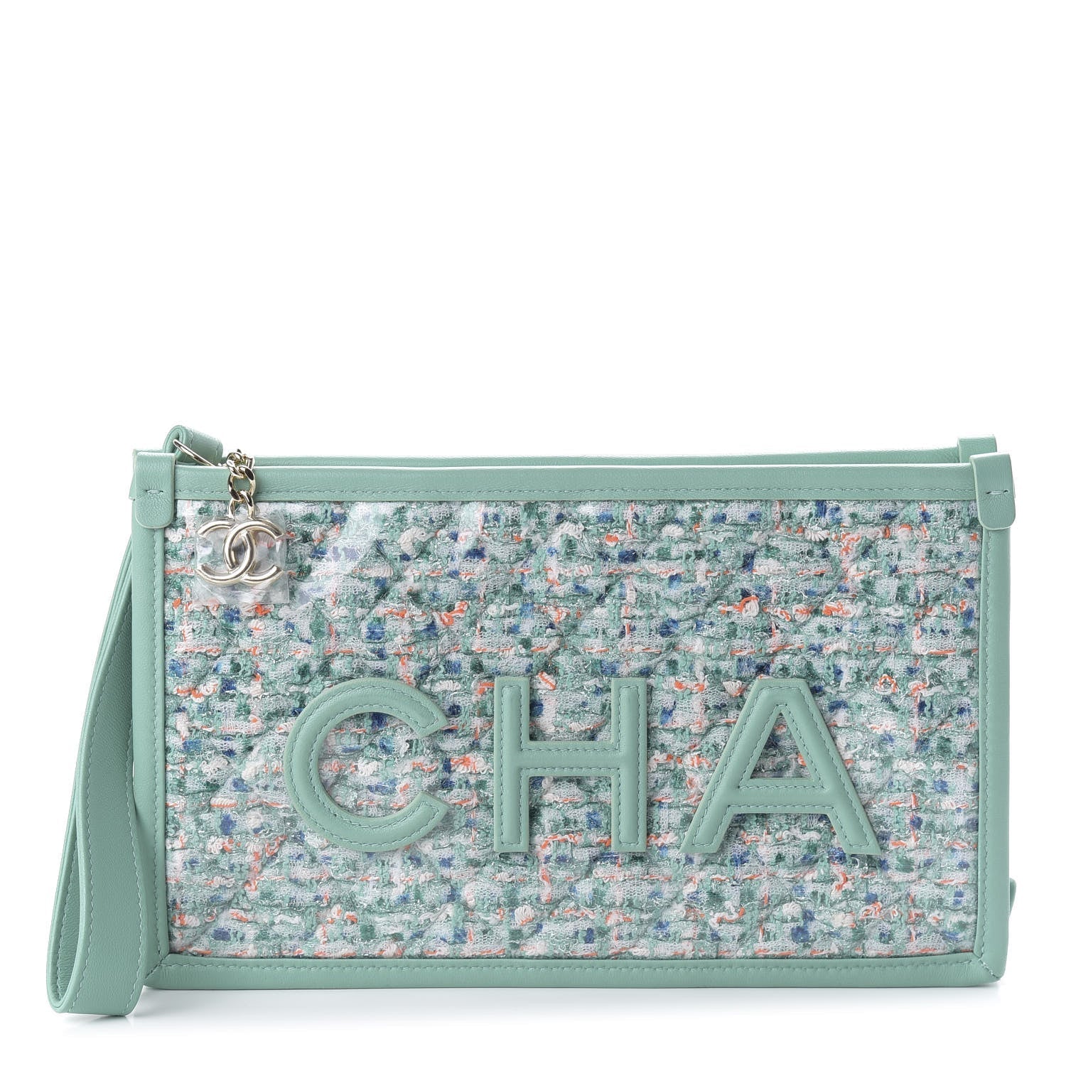 CHANEL TWEED LAMBSKIN PVC POUCH CLUTCH BAG